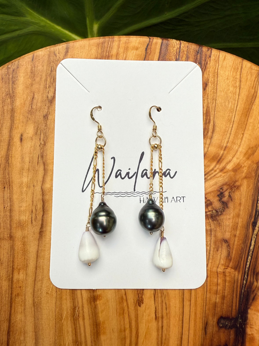 ~Tahitian Pearl and Dwarf Cone Drop Earrings